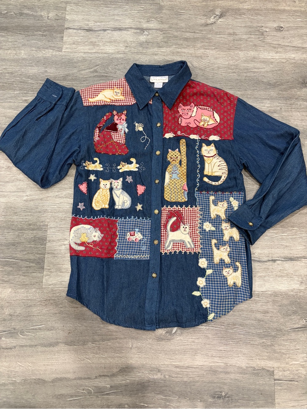 Casey Coleman Denim Button-down Shirt Cottagecore Cats Embroidered Patchwork